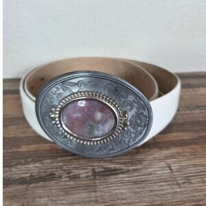 Western Floral Scott Cowgirl Pink Quartz Stone Belt Buckle White Leather Belt